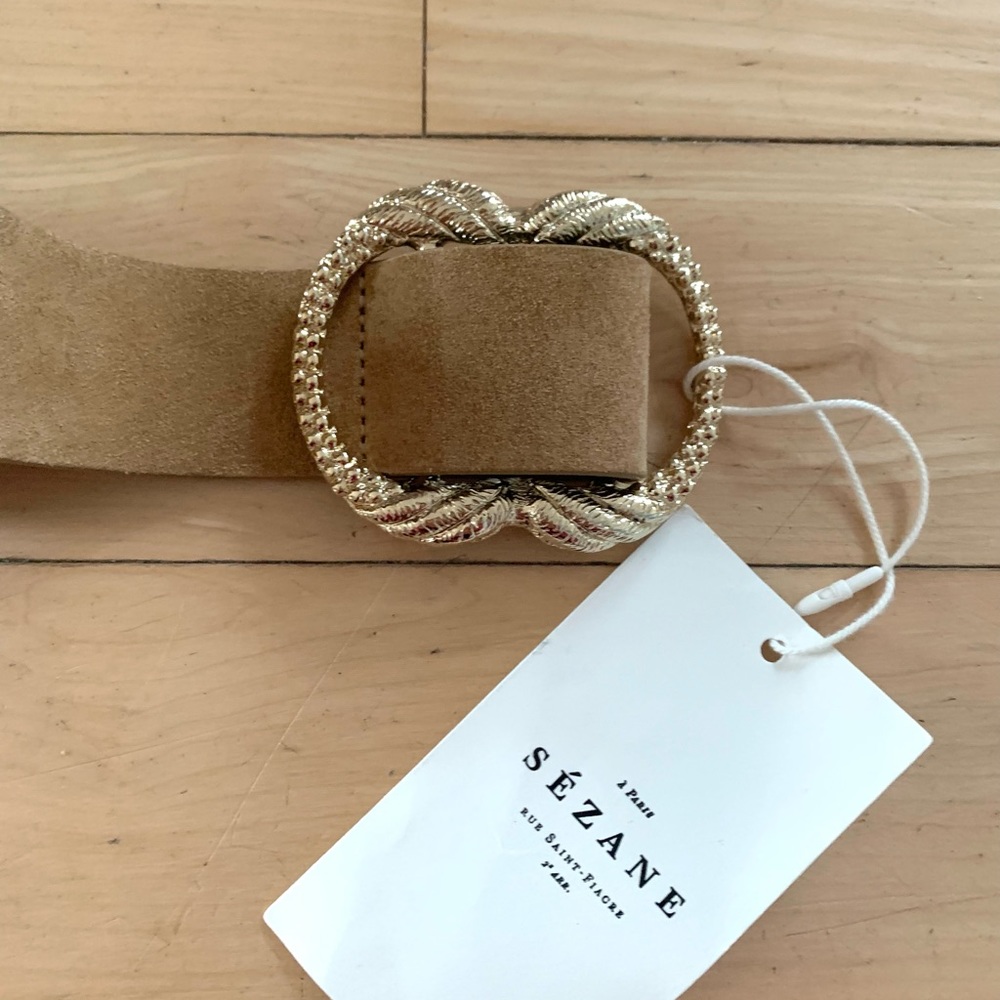 Sezane Artemis Tan Suede Women's Belt with Gold Decorative Buckle - Picture 8 of 12